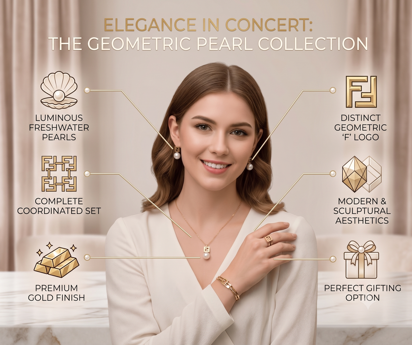 LOREVIA - Pearl Drop Square Pendant Jewelry Set