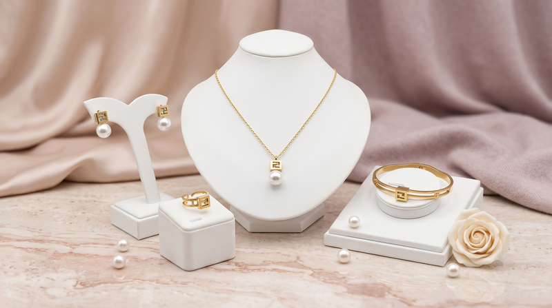 Pearl Drop Geometric 4-Piece Jewelry Set