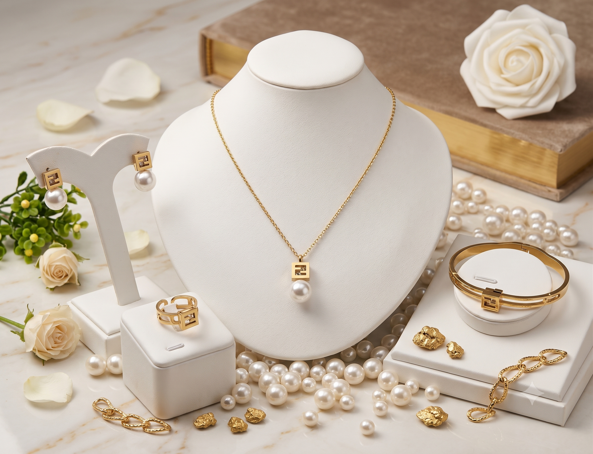 LOREVIA - Pearl Drop Square Pendant Jewelry Set