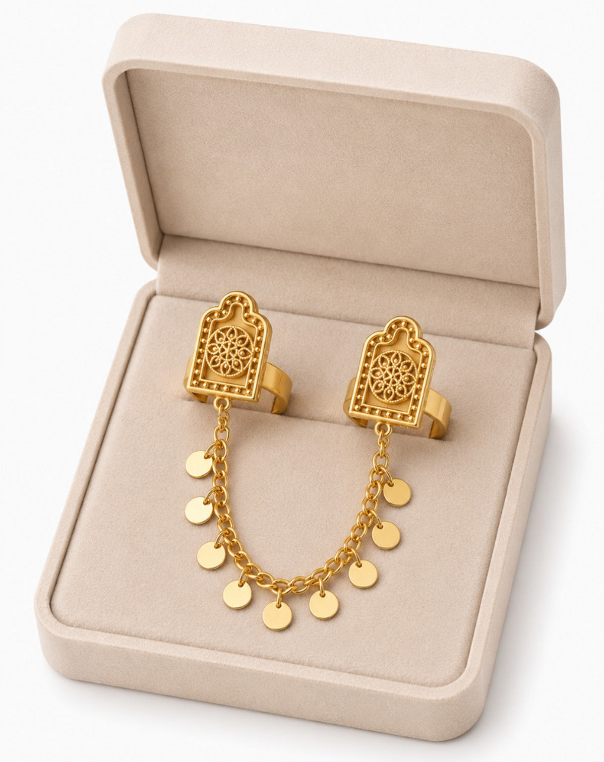 خاتم سلسلة مزدوج للأصابع بلون ذهبي | Gold double finger chain ring