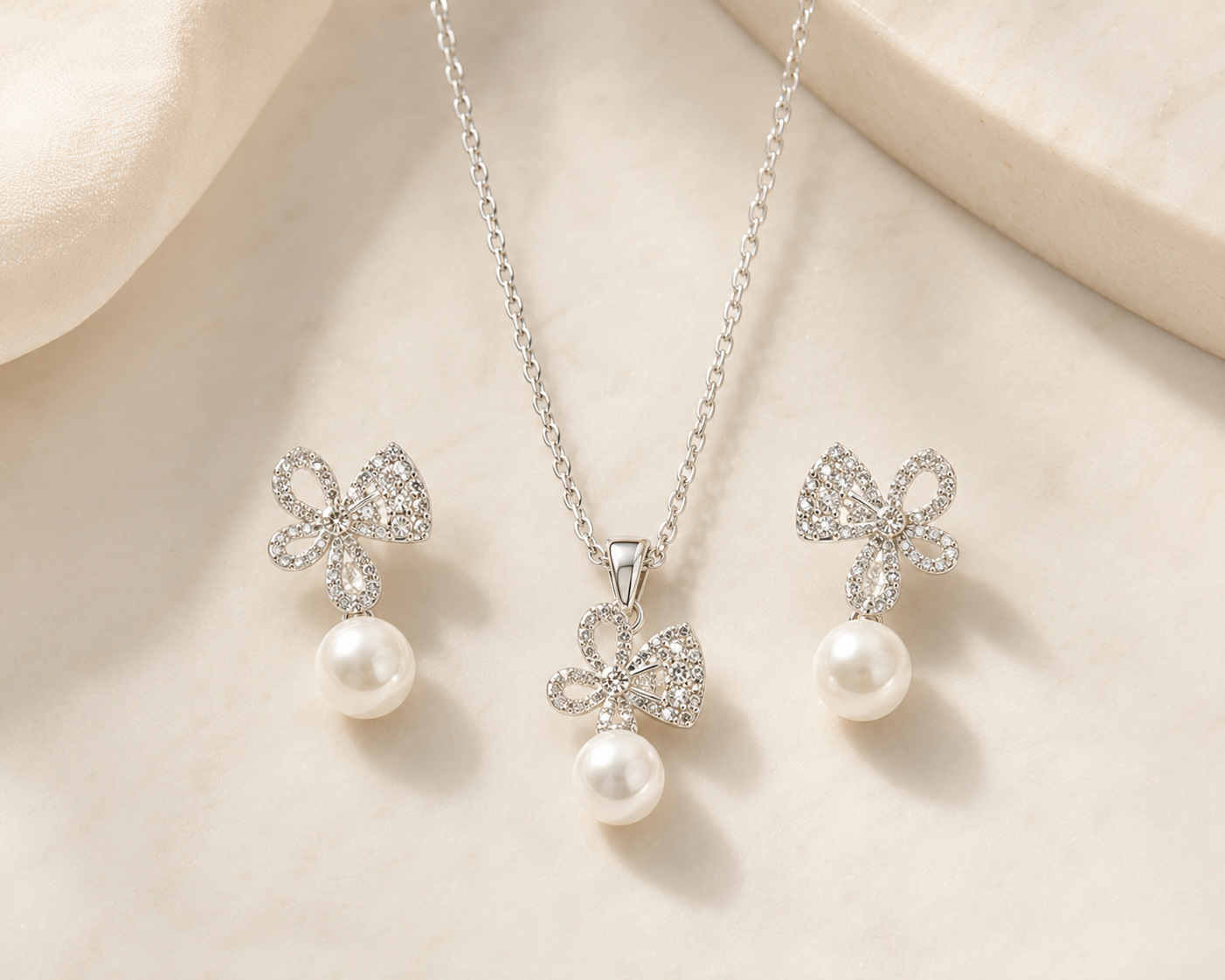 LOREVIA - Crystal Bow Pearl Jewelry Set