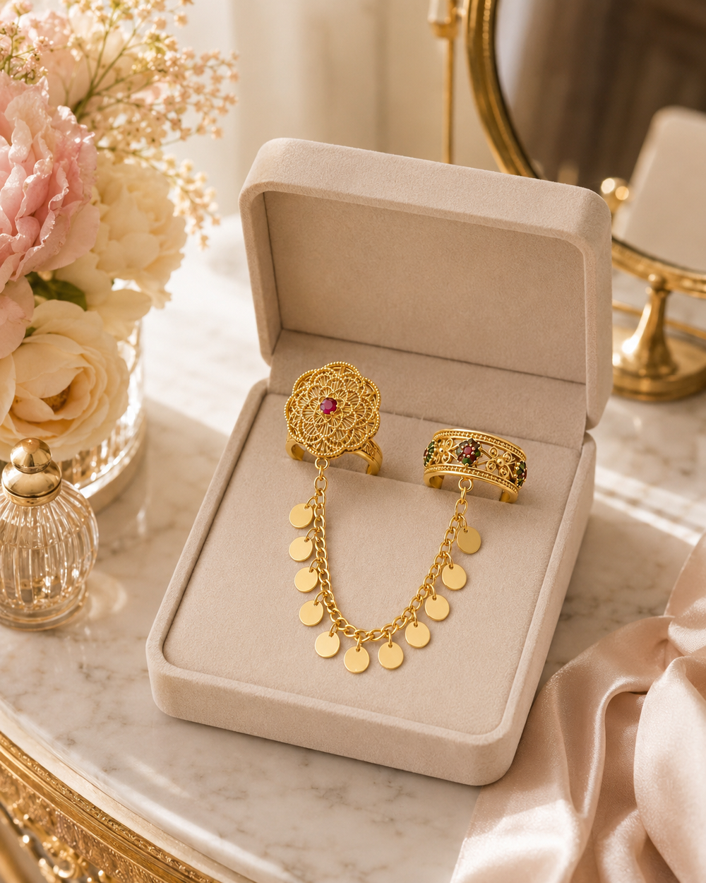 Gold-Tone Filigree Double-Finger Chain Ring