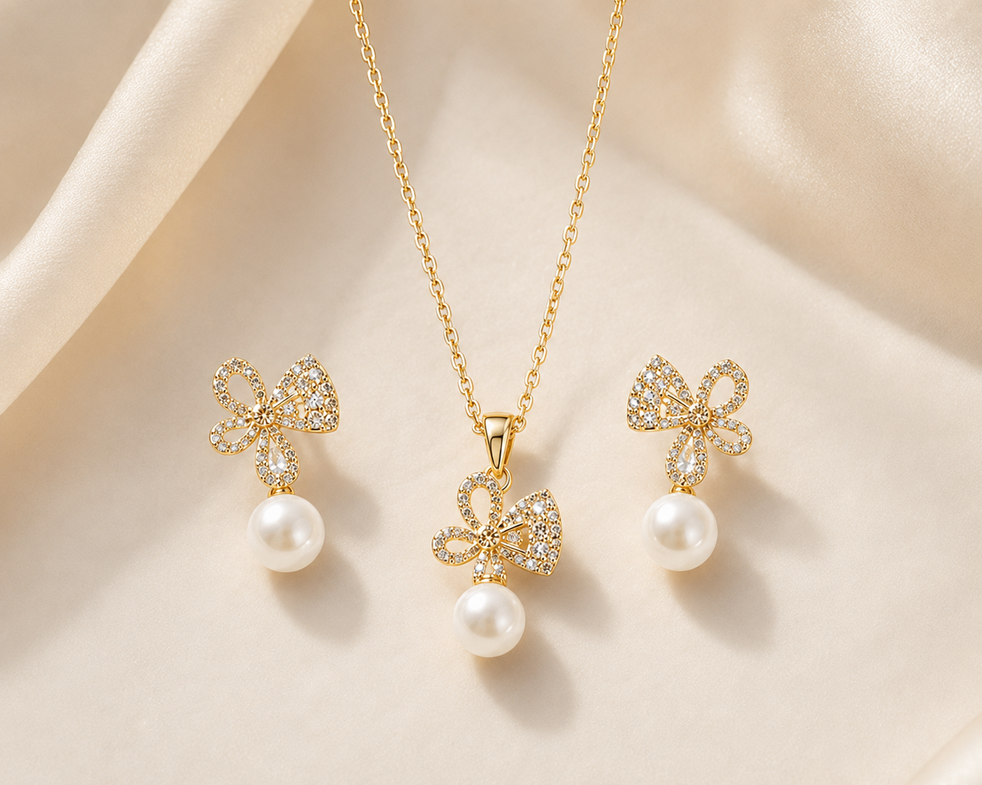 LOREVIA - Crystal Bow Pearl Jewelry Set
