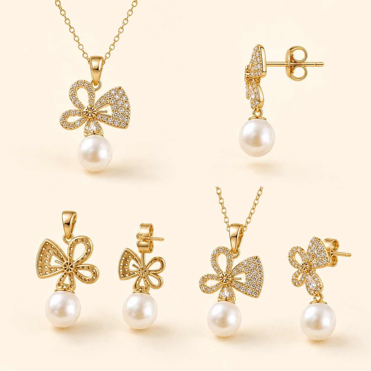 LOREVIA - Crystal Bow Pearl Jewelry Set